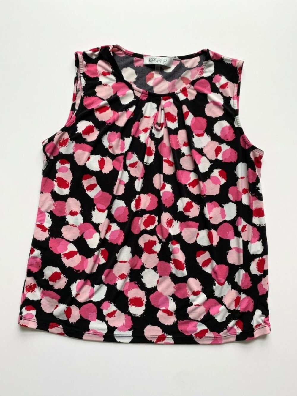 KASPER Pink & Black Polka Dot Pleated Keyhole Sleeveless Top (Workwear) -  Large